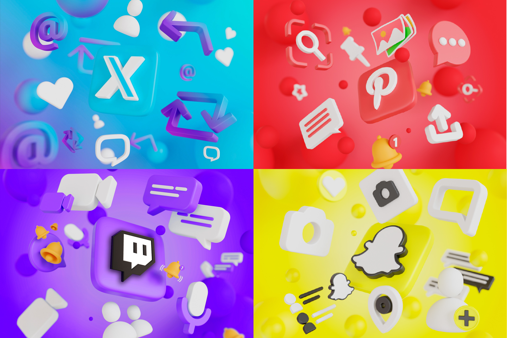 Illustration de X, Pinterest, Twitch et Snapchat